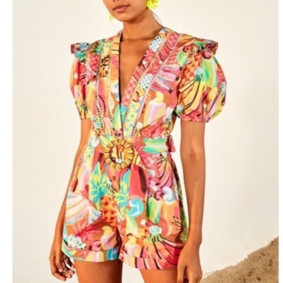 FARM RIO Fruit Salad Playsuit Romper Deep V Ombré Ladder lace Pockets SZ: Small - Picture 2 of 14